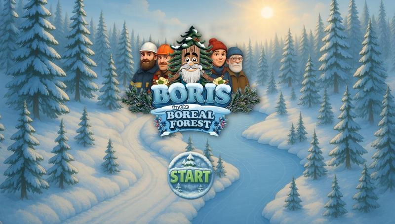 Boris Winter Edition showing Boris and forest characters in a snowy boreal forest setting with winter activities including skiing, sledding, and ice fishing